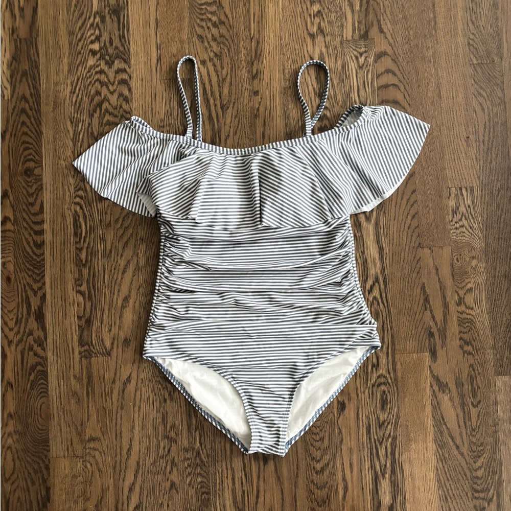 DM Fashion Off the Shoulder Stripe Ruffle Ruched One Piece - Ash Blue Stripes